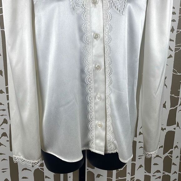 Gunne Sax 70s 80s Ivory Satin Lace Collar Puff Shoulder Blouse 5 - Picture 9 of 14